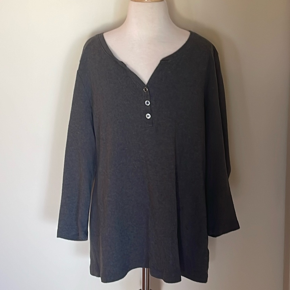 EUC~Woman’s Large Karen Scott Gray V~Neck 3/4 Length Lightweight Top